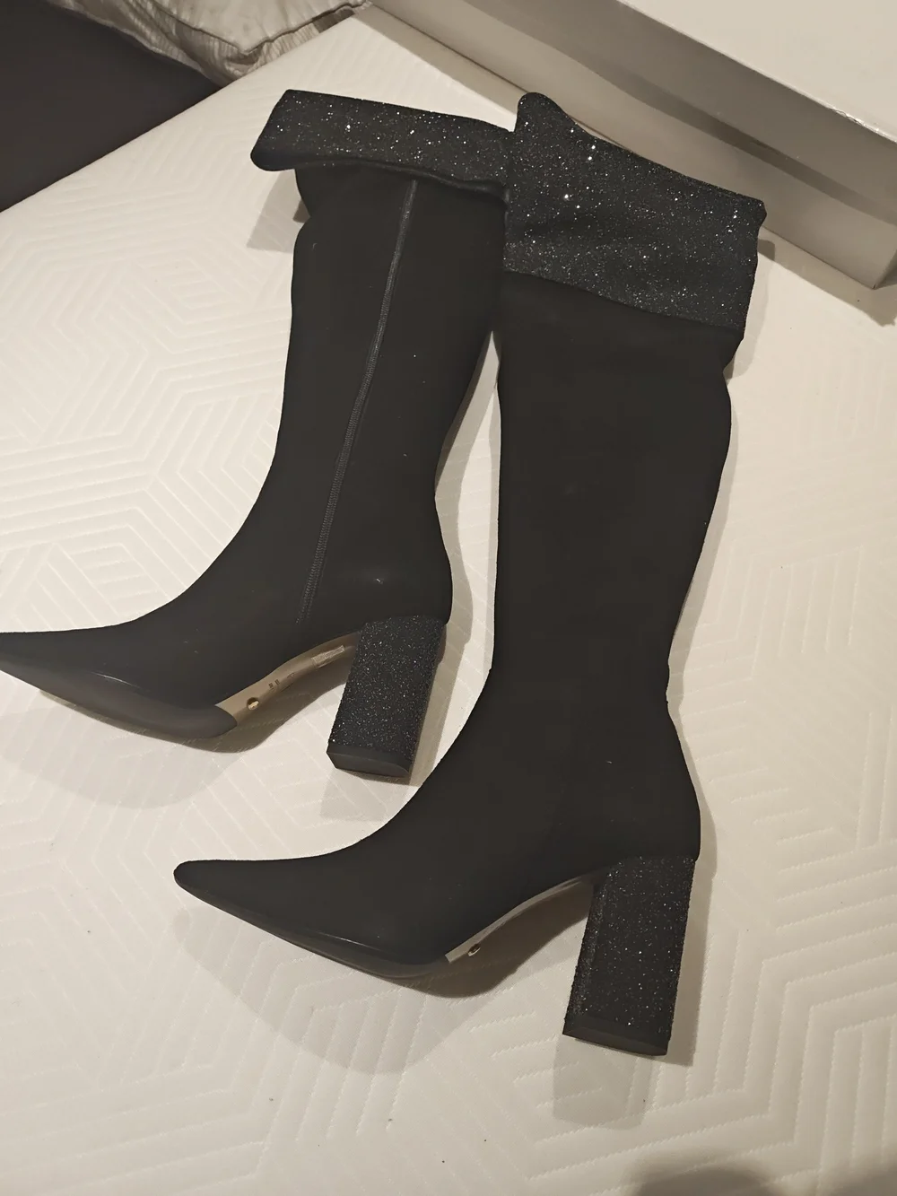 Black Glitter Cuff Over-the-Knee Block Heel Boots 39